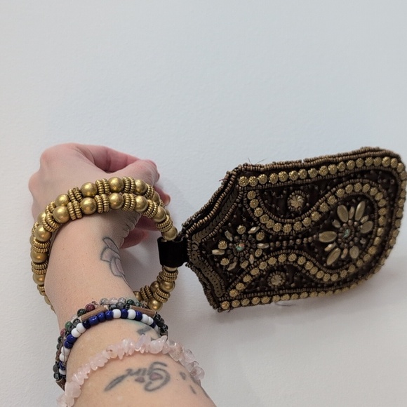 Brown and Gold Embroidered Wristlet with Beaded Ring Handle - Phone Case - Picture 3 of 8